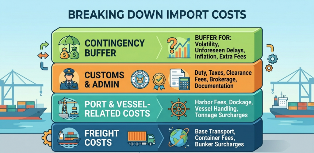 A stacked-cost graphic with 4 layers:
Freight | Port / vessel-related costs | Customs / admin | Contingency